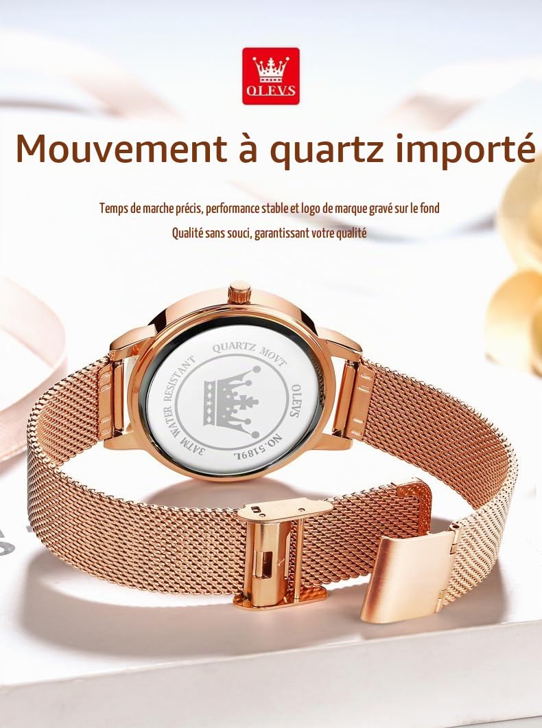 OLEVS Femmes Montres Luxe Or Rose Femmes Ultra - Mince Montre légère en Acier Inoxydable Mesh Montre - Bracelet élégant étanche pour Femmes avec Bracelet réglable