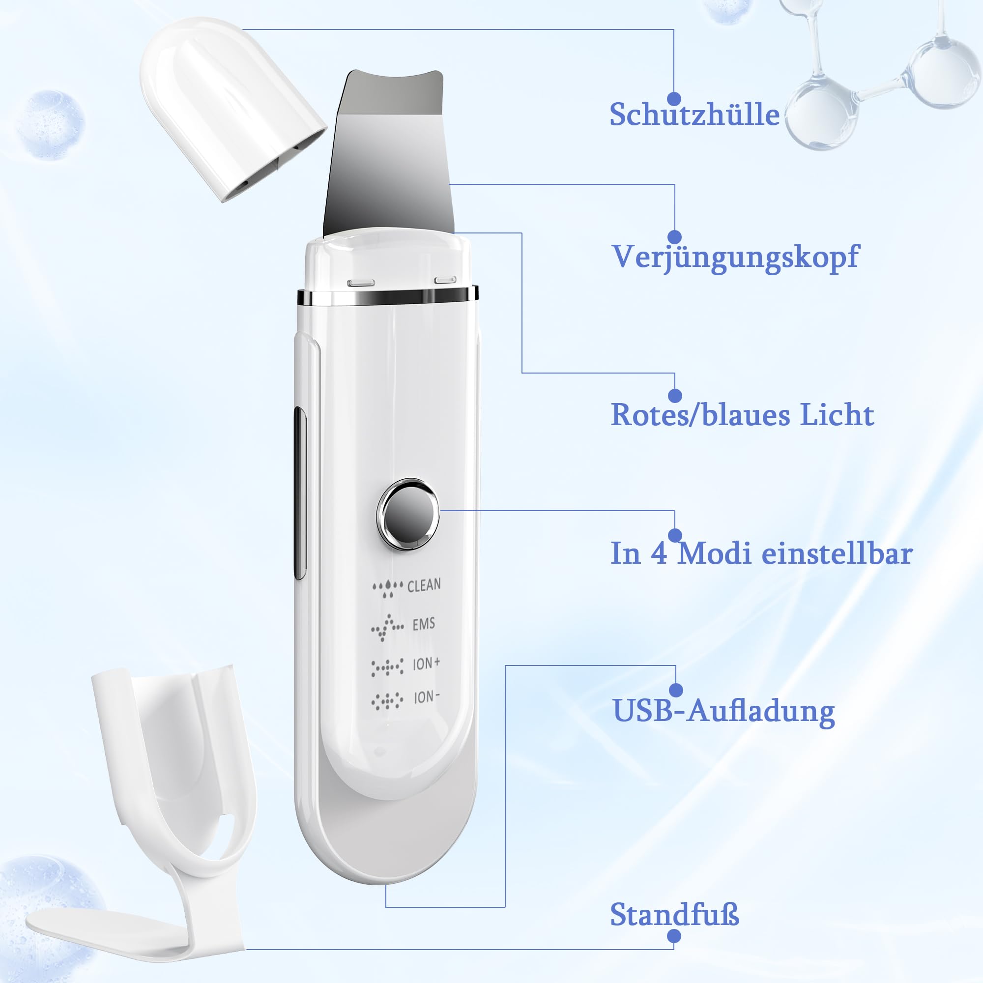Skin Scrubber Ultraschall, Yeerain Porenreiniger Gesicht mit 4 Modi und Rotlicht Blaulicht, Mitesserentferner Ultraschallgerät für Gesichtsreinigung Gerät