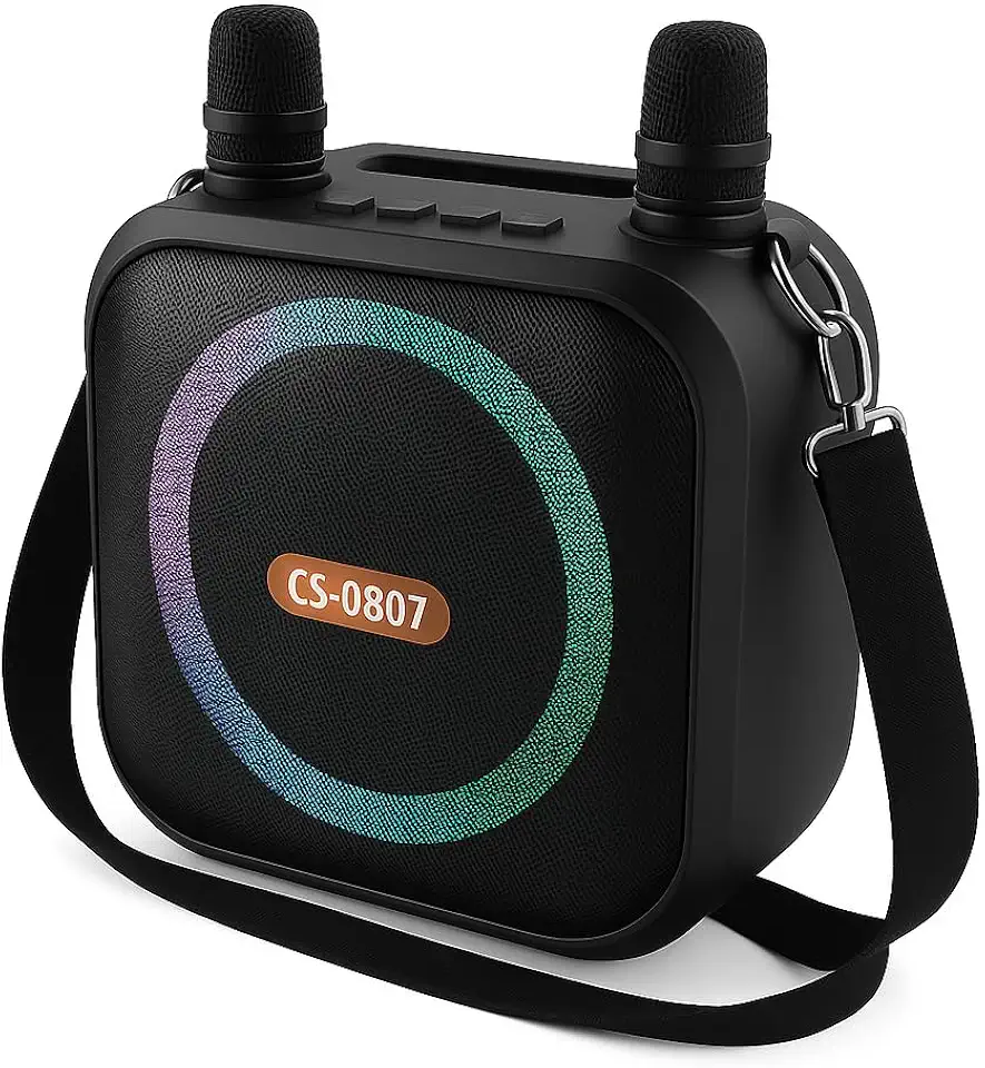 Caixa de Som Karaoke Bluetooth 8” RGB com 2 Microfones, Bateria 2400mAh, USB/SD, Alto-Falante Premium 8W - Alta Performance (Preta)