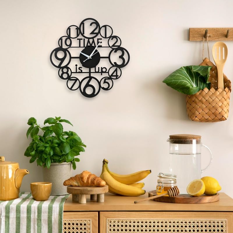 Image of Metal Analog Wall Clock for Living Room, Bedroom, Office & Hall | 38 X 38 CM | Stylish Modern Home Decor Wall Clock | Battery Operated | Time is Up Designer Round Design | Black