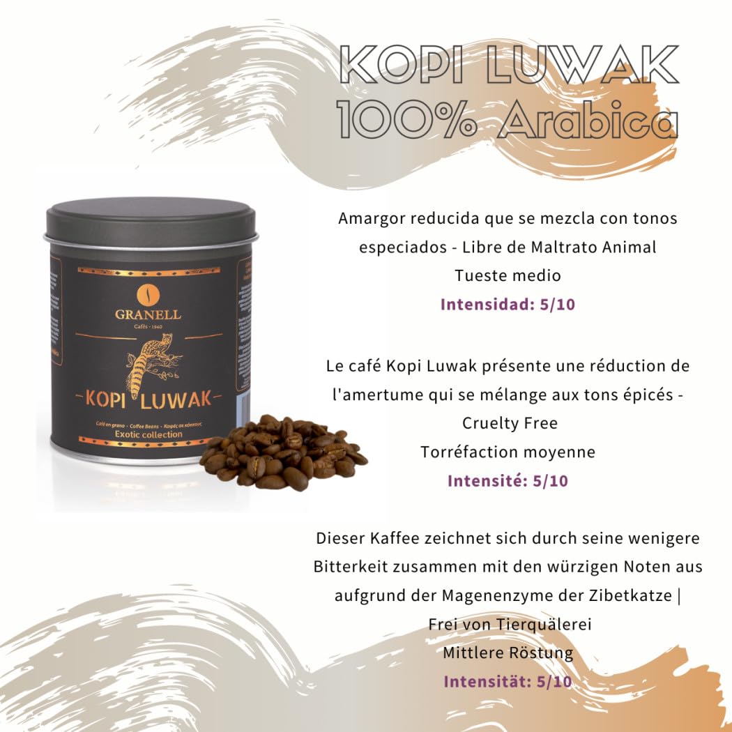 Granell Cafés 1940 Pack Exotic Collection Café en Grano 3 Paquetes | 100% Arábica, Kopi Luwak, Jamaica, Sulawesi