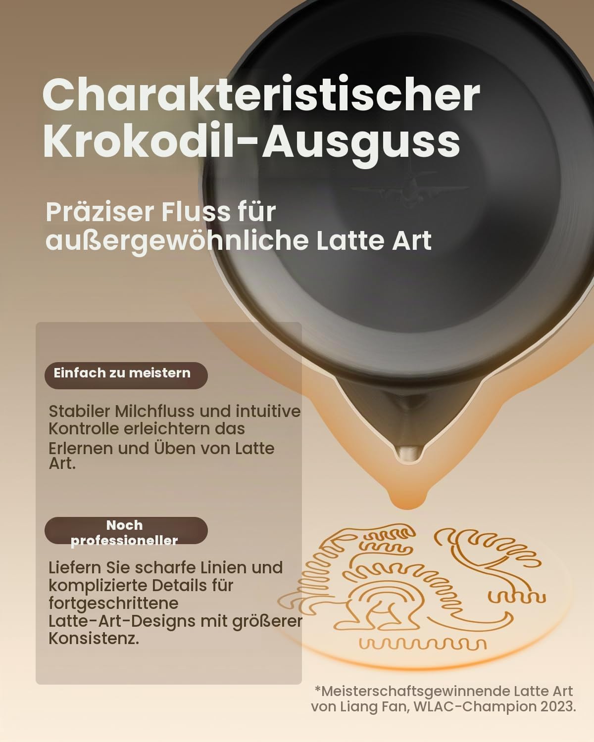 MHW-3BOMBER 600 ml Milchaufschäumkännchen, Welt-Latte Art Champion empfohlener Espresso-Milch-Dampfkrug mit Präzisions-Krokodil-Ausgießer, 304 Edelstahl, Milchkrug für Latte Art & Kaffee, glänzend