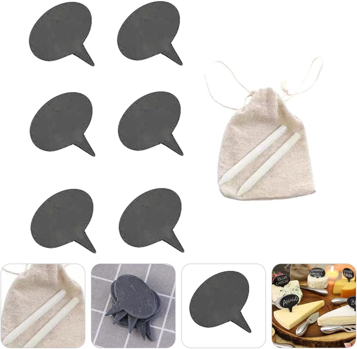 Natural Stone Cheese Markers Set with 6 Stone Boards 2 Chalk Pencils and Burlap Bag Cheese Label Toppers and Cake Decorating for Parties and Events