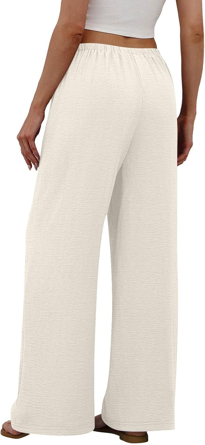 Wide Leg Pants Woman Flowy Drawstring Elastic Waist Trousers Summer Vacation Beach Palazzo Lounge Pants with Pockets - Image 5