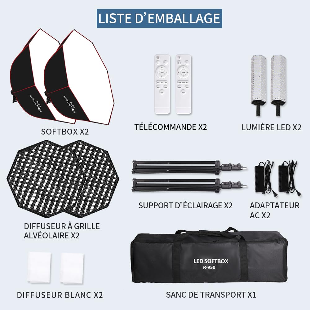Kit de Softbox de iluminación parabólica octogonal 110 W, Softbox 95 cm con rejilla alveolar/mando a distancia, soporte para luz de estudio, grabación de vídeo, fotografía de retratos, en