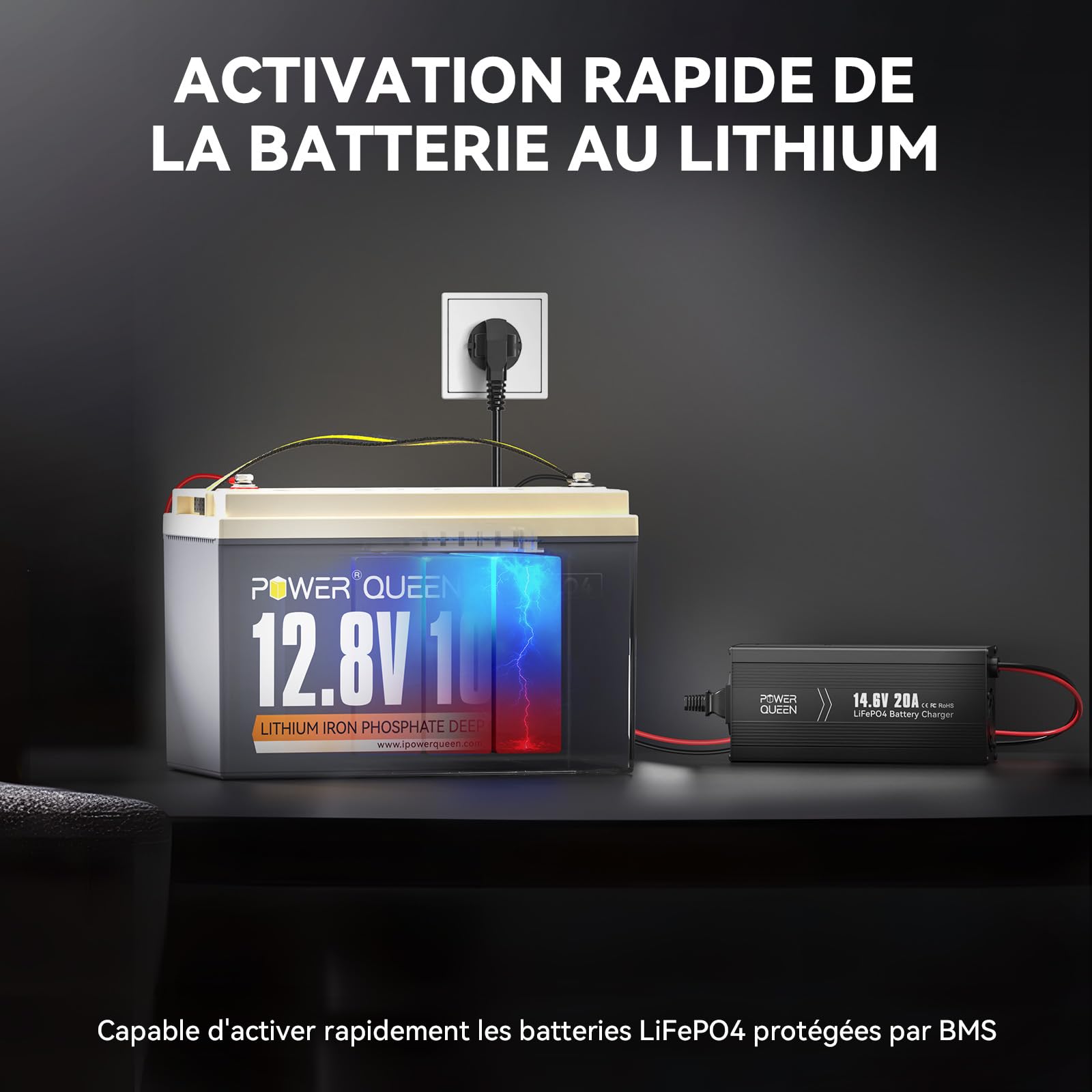 POWER QUEEN Chargeur de Batterie au Lithium 14,6V 20A, pour Les Batteries LiFePO4, LED pour Afficher l'Etat de Charge, Chargeur Batterie 12V avec 4 Fonctions de Protection | Activation 0 V, charge rapide, charge à 3 niveaux, indicateur LED, connecteur And