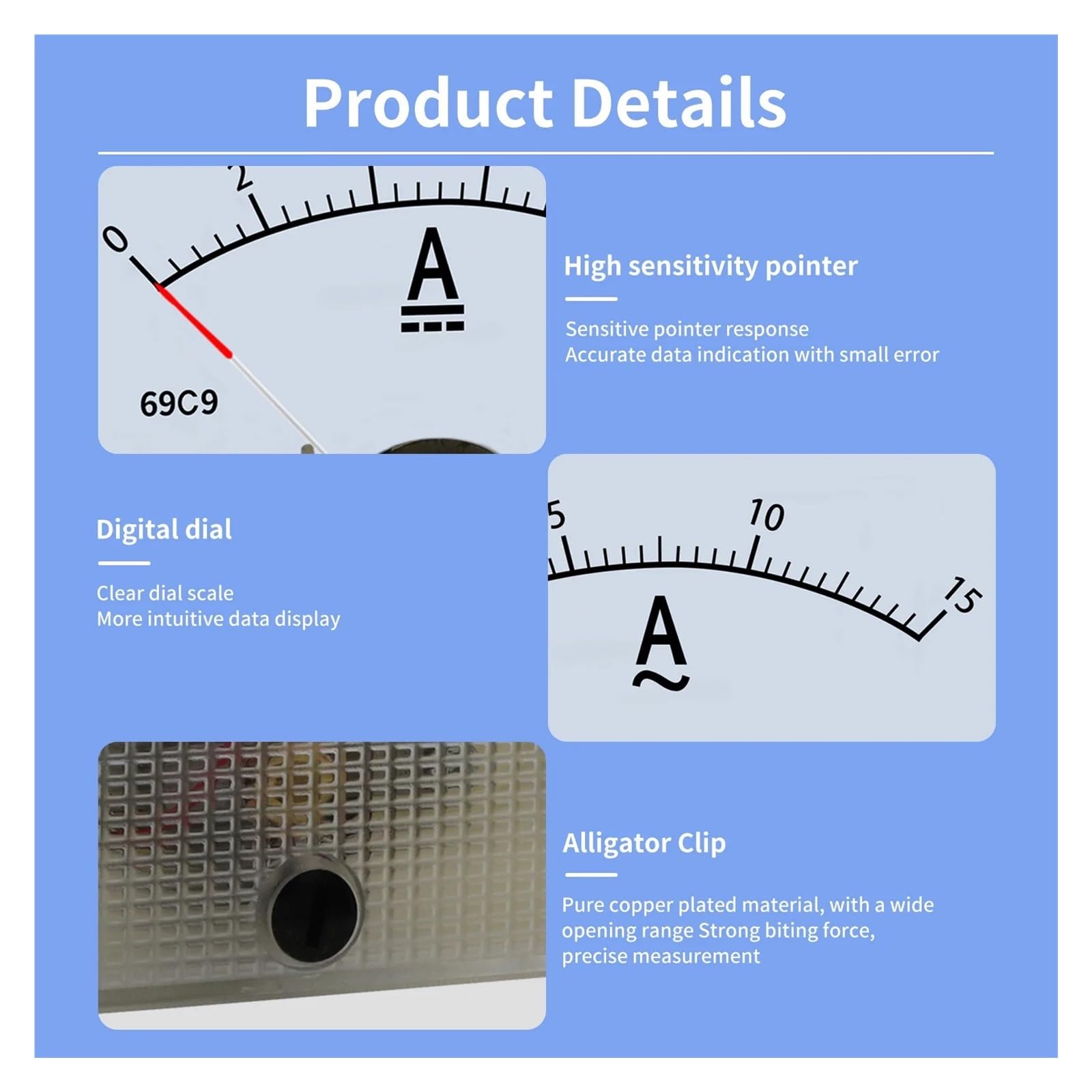 Instrumentos de panel de corriente analógica, Amperímetro con puntero analógico Medidor de panel Serie 69 Rango de corriente CC/CA 1A-50A Tamaño del panel 65x80 mm Agujero 60 mm(69C9 DC,15A)