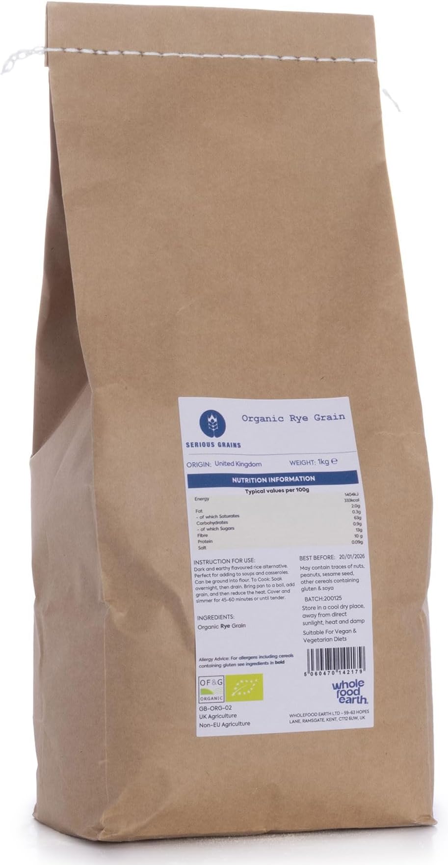 100% Wholemeal Rye Flour Stoneground - 1kg - Premium Flour - High Fibre - Made in UK