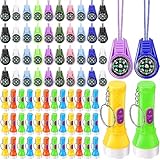 Macarrie 40 Pcs Kids Compass Mini Survival Compass Mini Flashlight Keychain Hiking Pocket Compass Flashlights for Emergency Survival Camping Party Favor