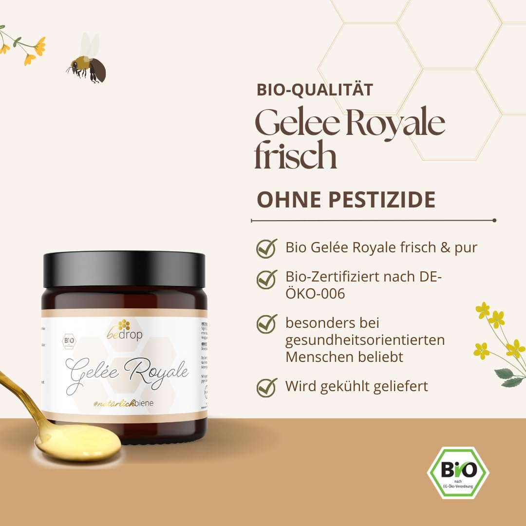 bedrop Bio Gelée Royal frisch & pur 100g in Bio Qualität I 10-HDA Gehalt >1,7% - 100% natürliche Bienenmilch - Frisches Gelee Royale vom Imker
