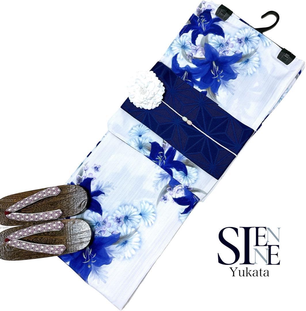 浴衣ジェンヌ 新作 浴衣5点セット オフホワイト 浴衣 青 ゆかた 半幅帯 浴衣ジェンヌ 浴衣5点セット オフホワイトに青の金魚と水紋 綿 ゆかた