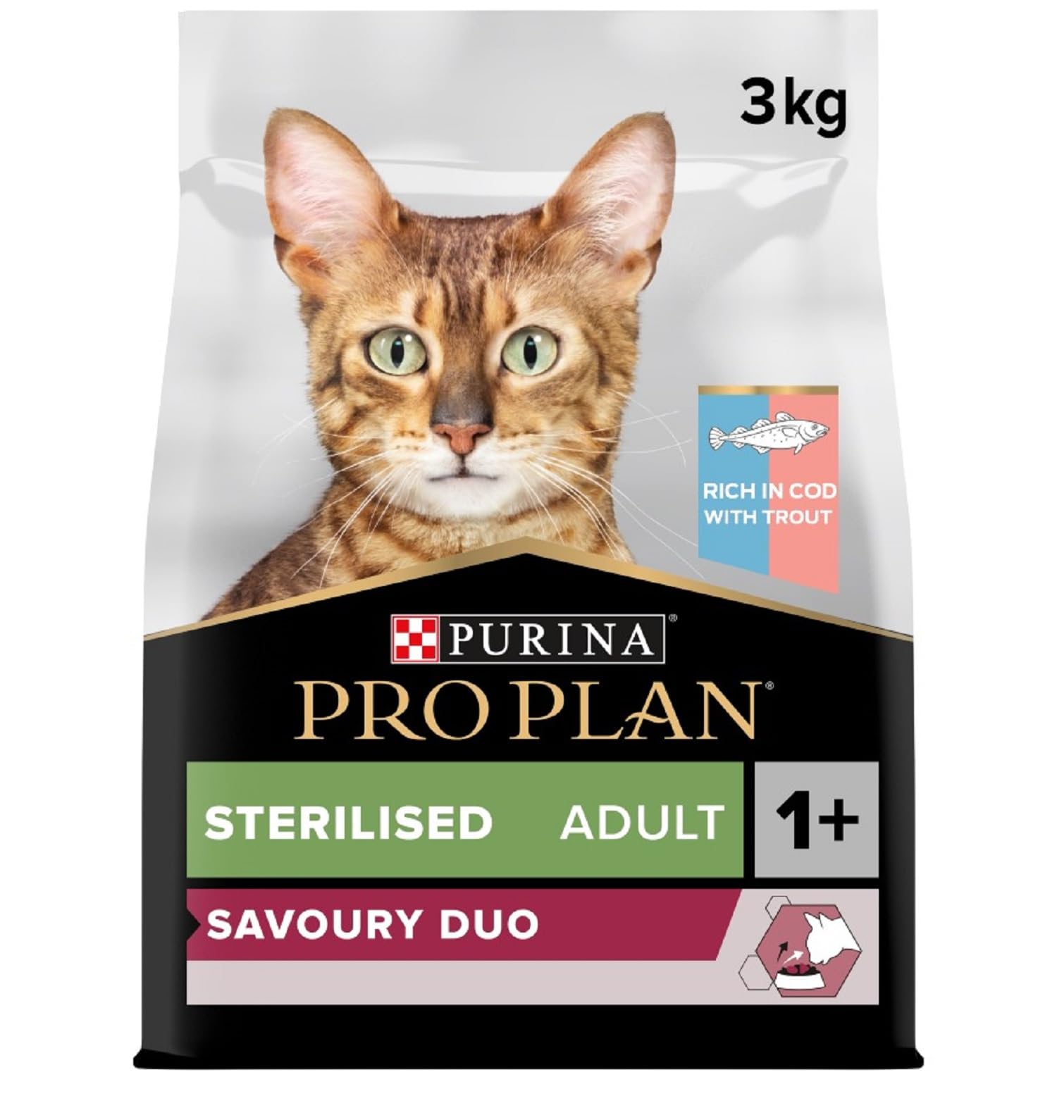 PRO PLAN Sterilised Adult Savury Duo Cabillaud y Trucha 3 kg | Croquetas Gato Esterilizado Sabor Cabillaud y Trucha - Alto contenido de proteínas, bienestar urinario - Salud del Gato