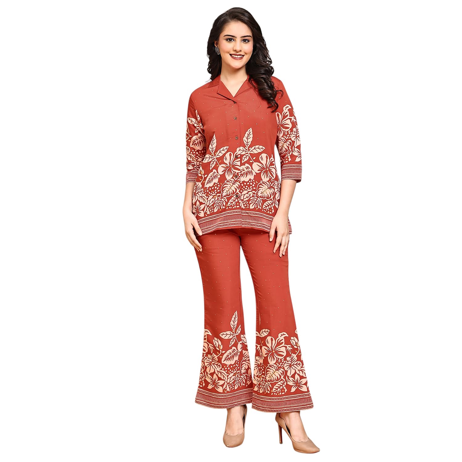 Women's Floral Print Co-ord Set, Rust Orange Cotton Button-Down Shirt and Flared Pants with Border Design, 3/4 Sleeve