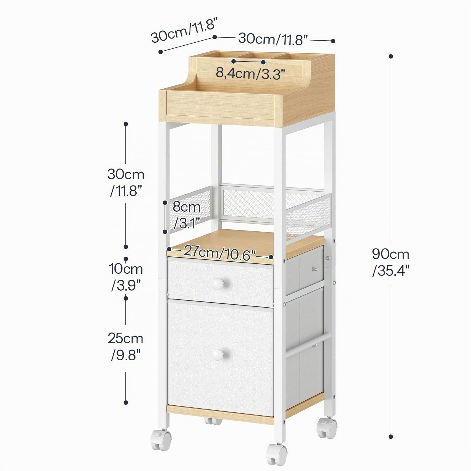 HOOBRO Carro de Maquillaje Móvil, Carrito para Cosméticos con Cajón de Tela, Estantería con Ruedas para Tocador, para Productos de Cuidado de la Piel, Brochas, Blanco y Natural EWN19TC04