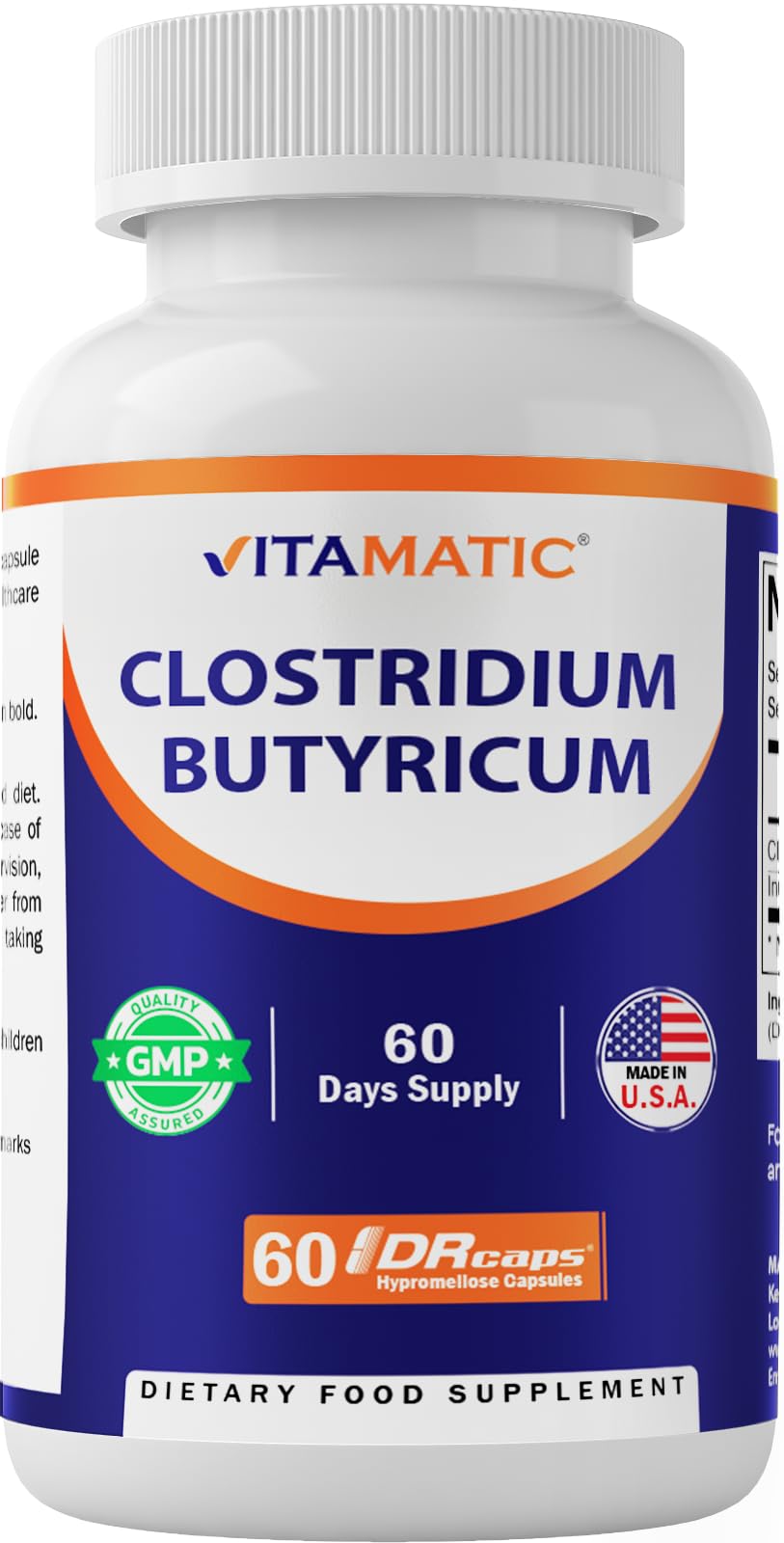 Vitamatic Clostridium butyricum 25 Million - Gut Health - 60 DR Capsules (Delayed Released) - Made with Prebiotic Inulin Fiber