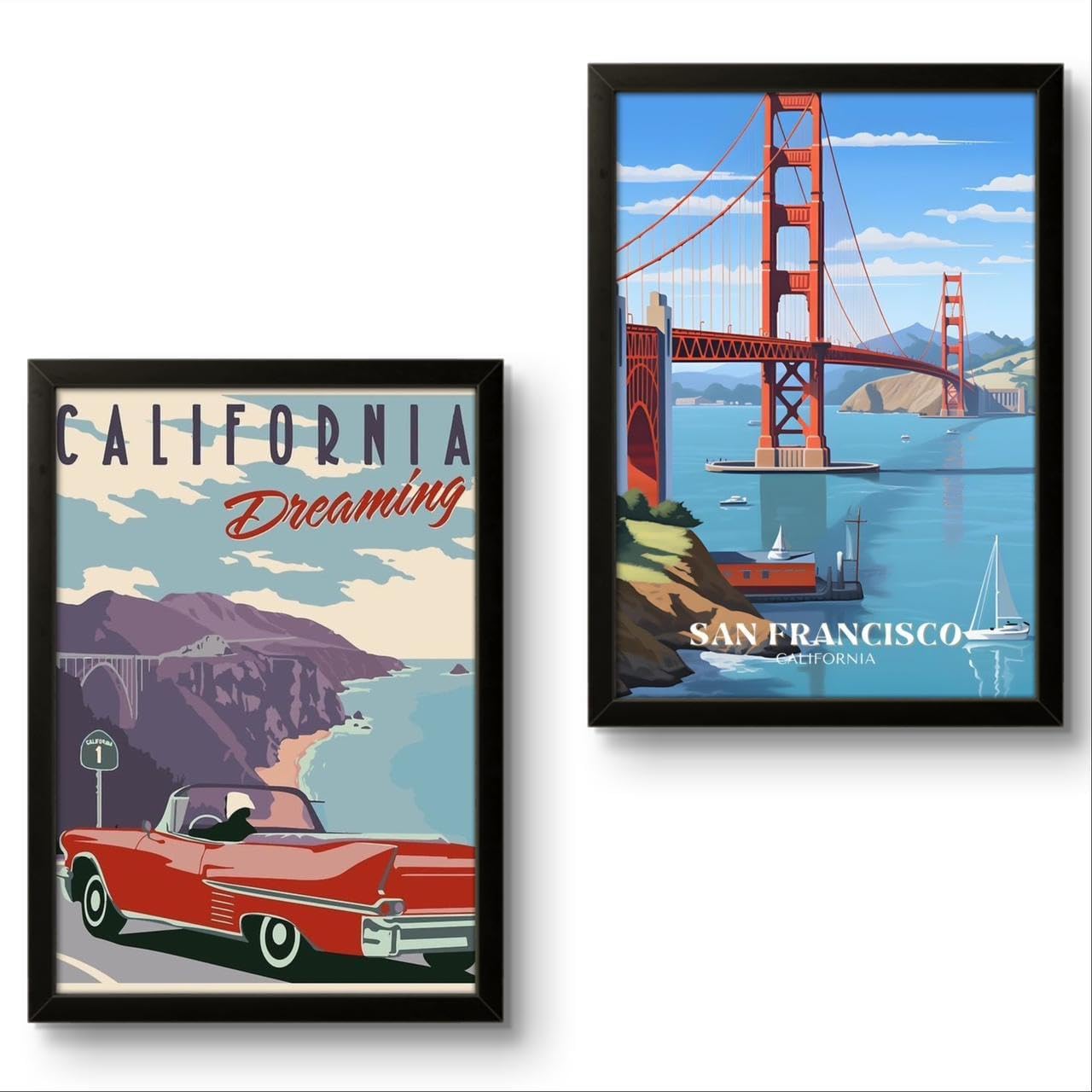 Premium Framed Painting for Home Decoration - Travel Theme Iconic City California Modern Art for Living Room, Bedroom, Office Wall Decor - Pack of 2