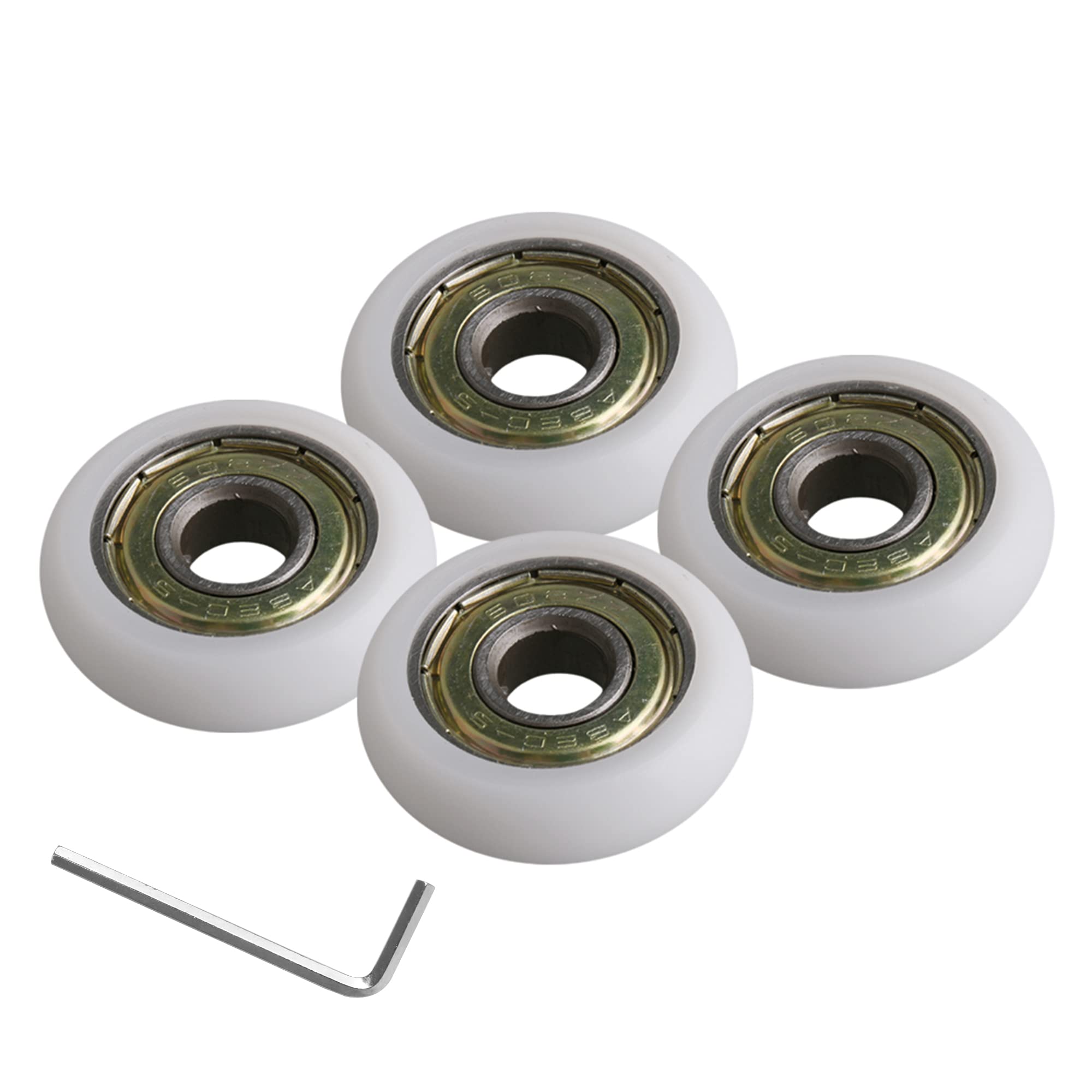 CNBTR 0.31 x 1.18 x 0.33 inch(ID x OD x T) 4pcs White Ball Bearing Guide Pulley Roller Round Whee with Wrench
