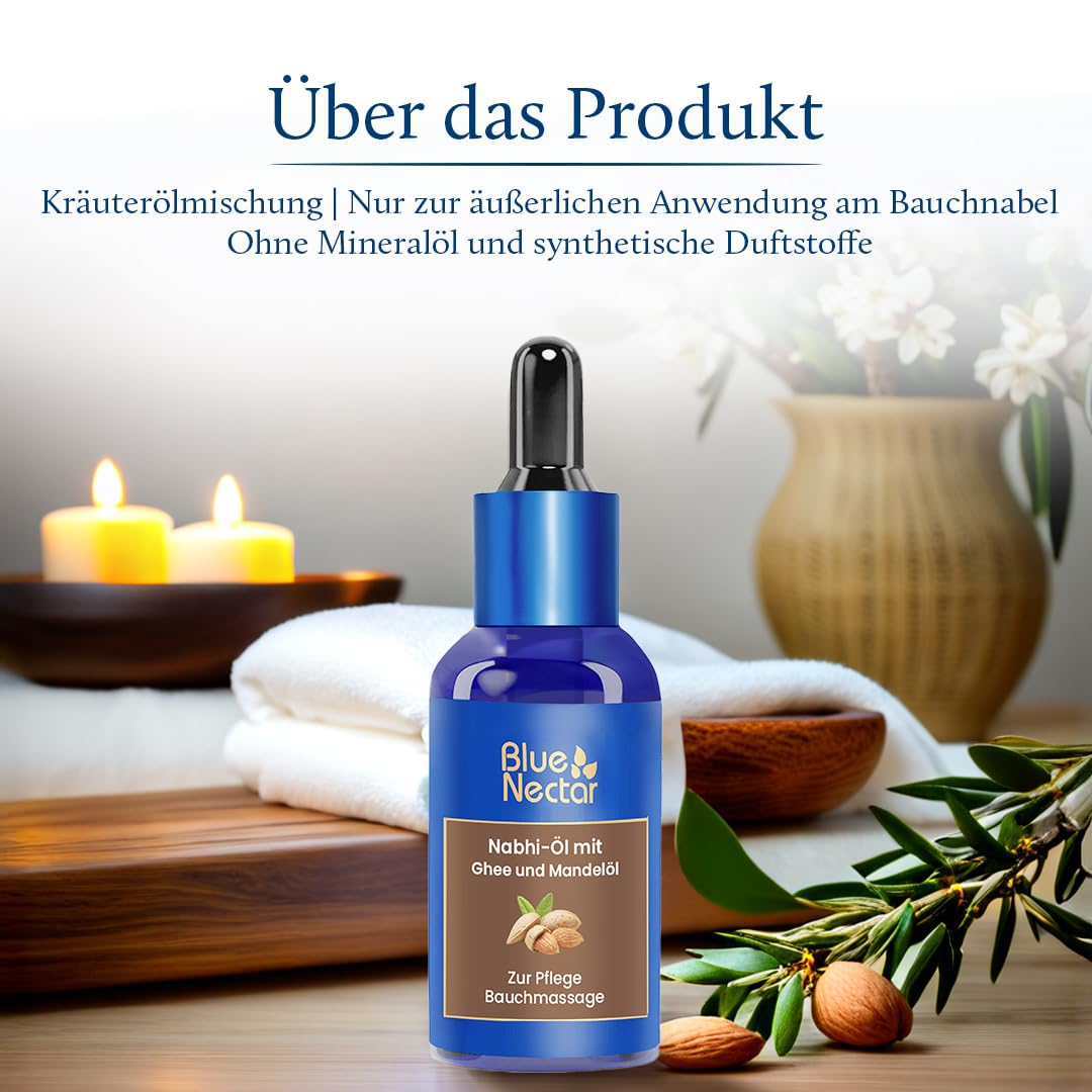 Blue Nectar Nabhi Öl mit Ghee & Mandelöl | Ayurvedisches Bauchnabelöl zur Verdauung & Gelenkunterstützung (21 Kräuter, 30 ml)