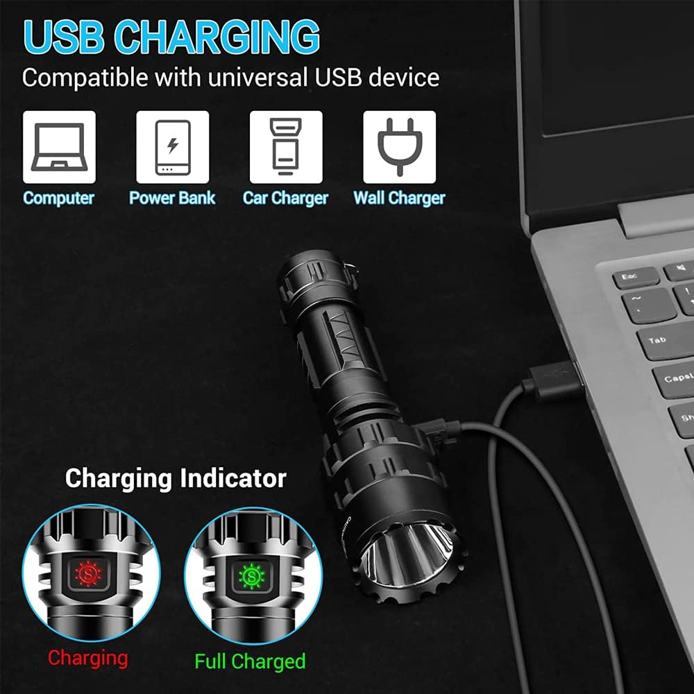 Tactical Flashlight with Rail Mount, Rechargeable LED Flashlight, Super Bright Torch Light 5 Modes Waterproof Weapon Light Pressure Switch Include for Hunting