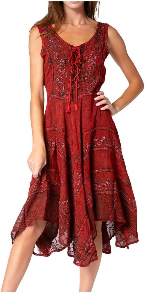 Sakkas Sundara Stonewashed Rayon Embroidered Mid Length Dress