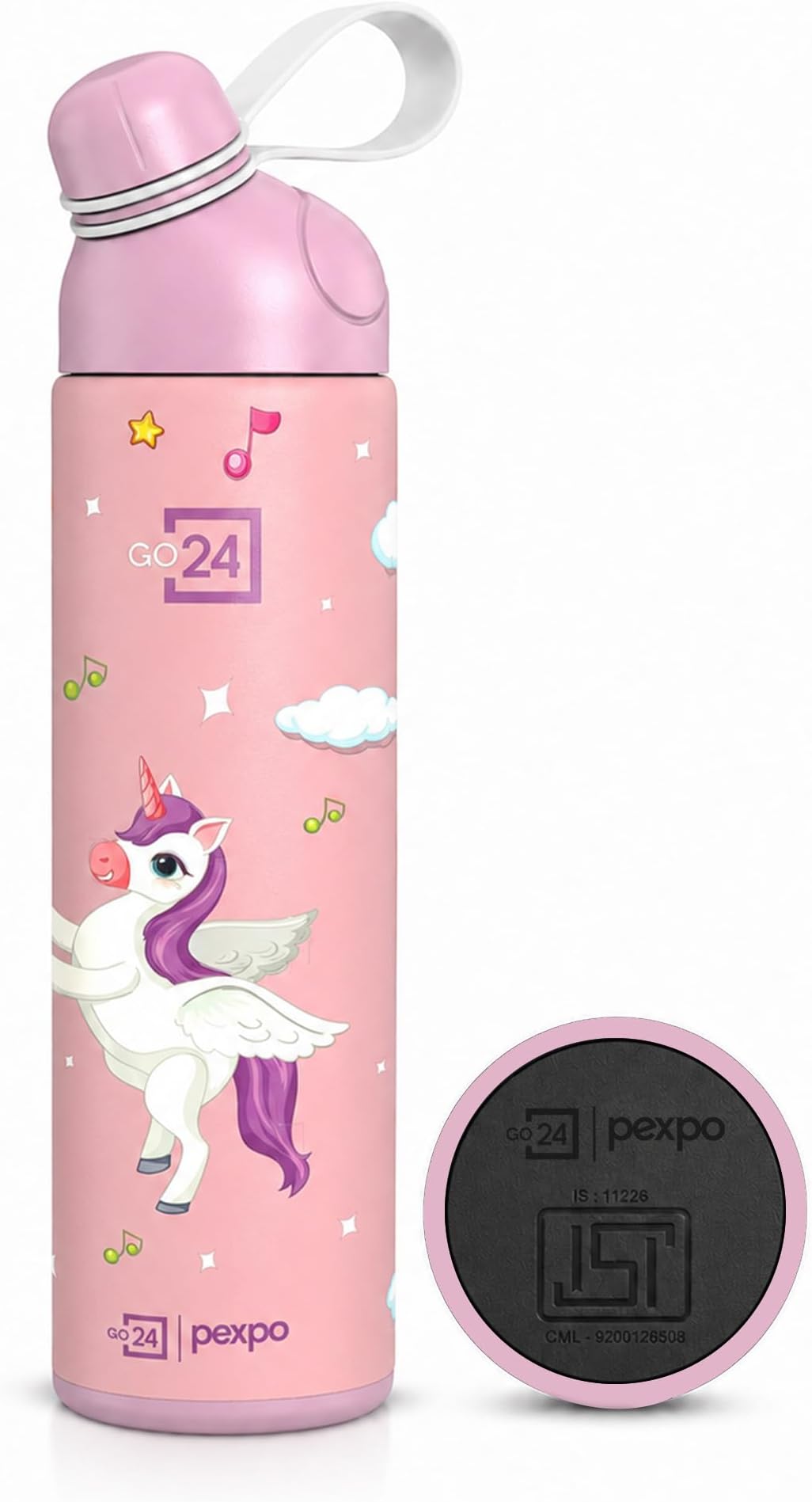 Go24 pexpo Water Bottle for School Kids, ISI Certified Stainless Steel Sipper Bottle for Kids 470ml | Hot & Cold Thermos Insulated Water Bottle|6+ Years Kids|Pico 500 - Pink - Unicorn