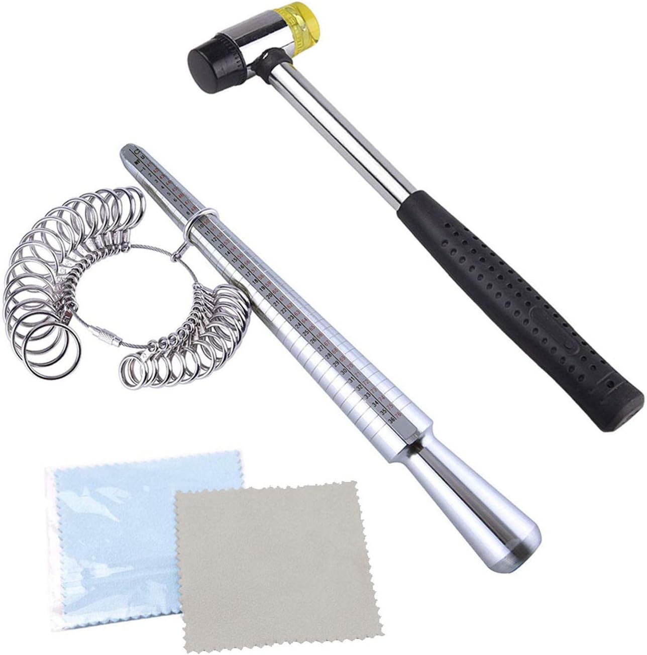 Jewelry Making Tool Measuring Stick Mandrel Ring Sizers Guage Rubber Hammer 27pcs Ring Sizer Guage Circle Models with 2 Piece Jewelry Polishing Cloths (5 pcs kit)
