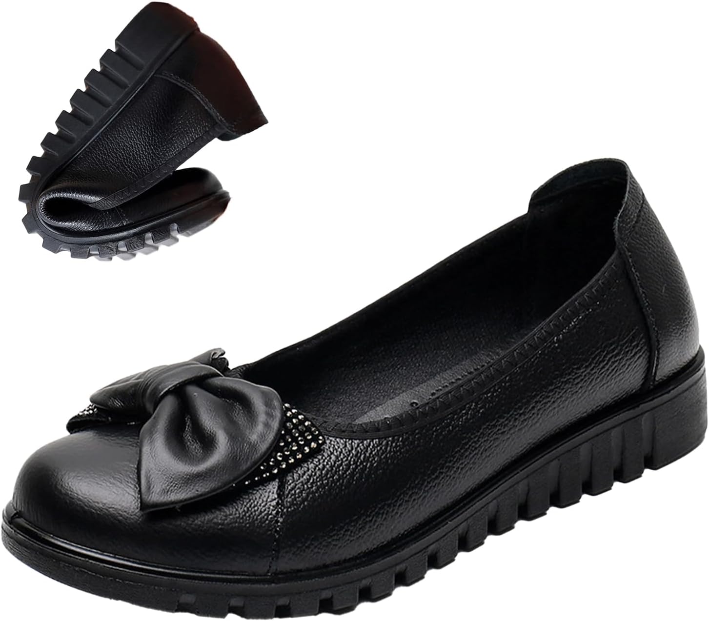 Women's Black Leather Wedge Dress Pumps,Comfort Cute Knot Bow Rhinestones Round Closed Toe Slip On Low Casual Shoes