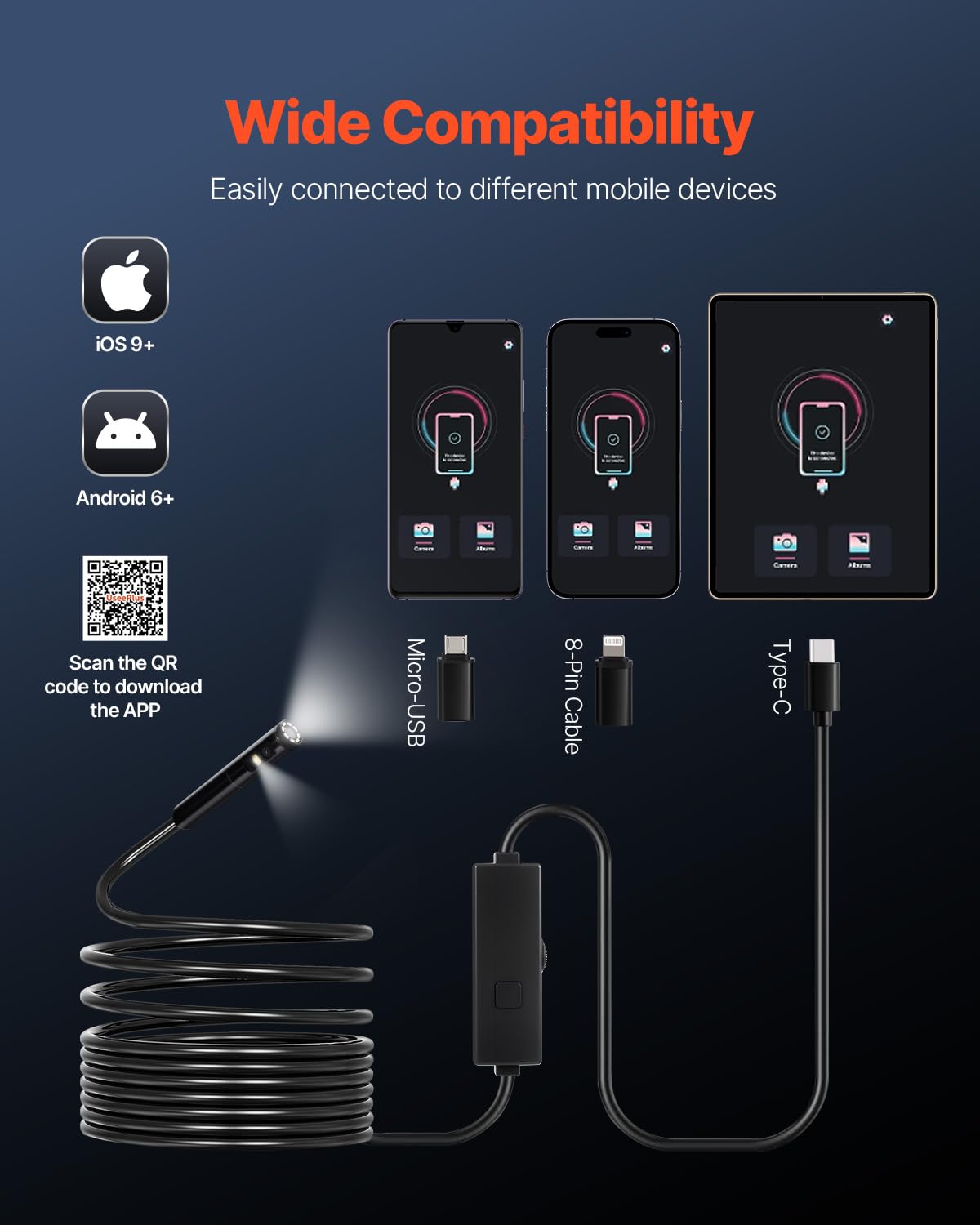VEVOR Kamera endoskopowa, dwuobiektywowy boroskop, do systemów Android i iOS, HD 1920P, z 8 diodami LED + 1, Zoom 2X, elastyczny przewód 5 m, wodoszczelny IP67, do instalacji wodno-kanalizacyjnych