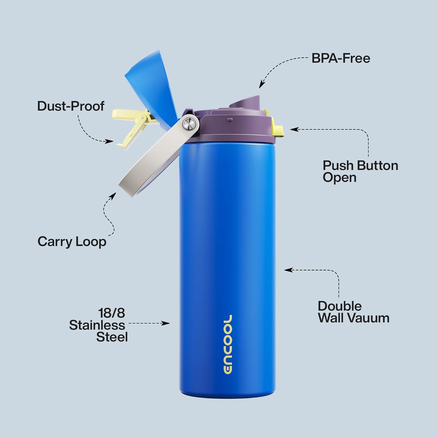 Insulated Water Bottle with Straw - Encool Stainless Steel Water Bottle with Push Button Lid, Leak-Proof & BPA-Free, Keeps Cold for 24 Hours for Sports, Travel, Gym (24 oz, Sapphire) - Image 4