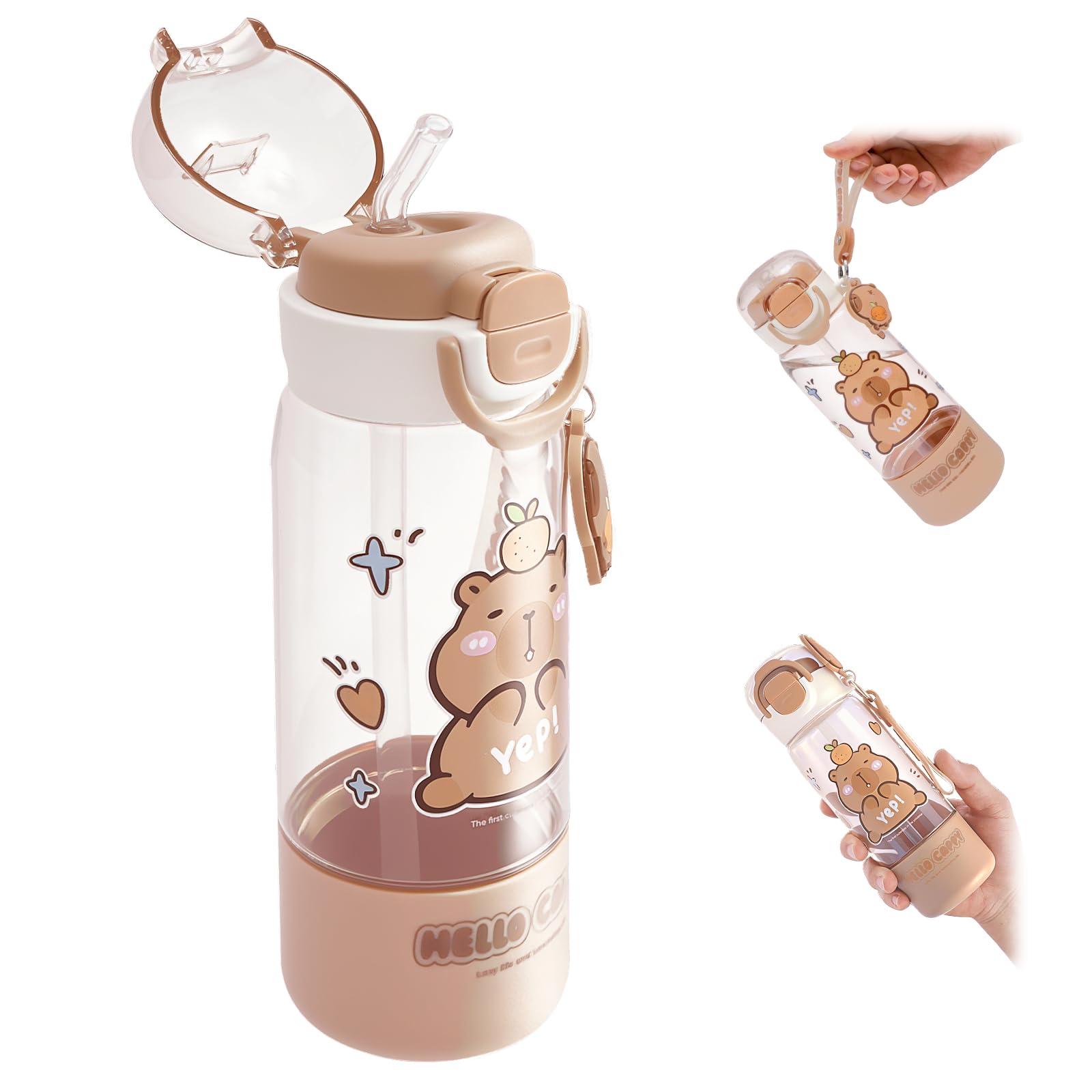 Yuekuntj Boys Coffee Water Bottle With Lid Keychain 510Ml Capybara Drinking Water Bottle Leak Proof Locking Lid Plastic Kid Drinking Cup With Straw Dual Use Heat Resistant For Girl Outdoor Sport Stuff