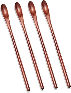 4 Pieces Wooden Coffee Mixing Spoons Long Handle Cocktail Spoons Wood Iced Tea Spoons Small Stirring Spoon for Mixing Coffee Tea Beverage, 7.87 Inch