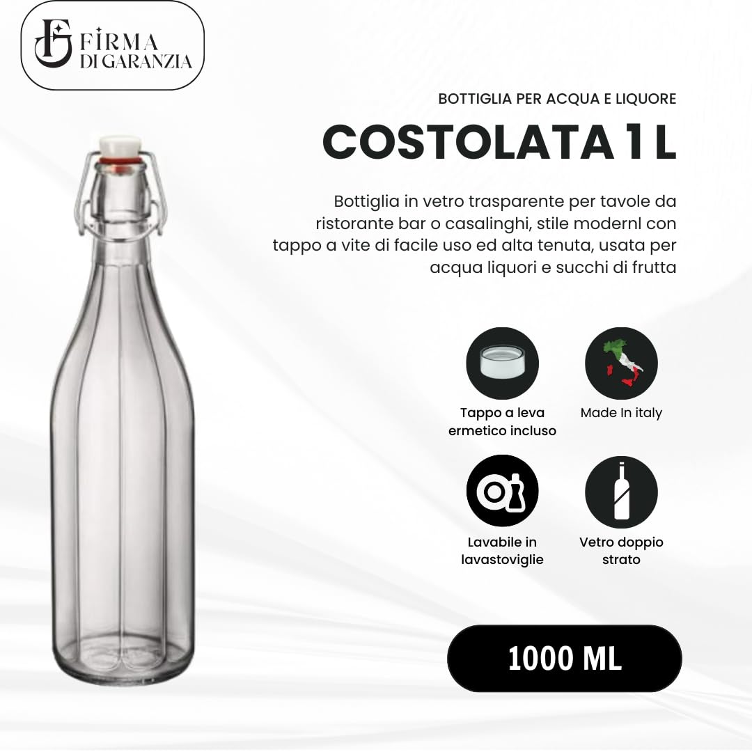 FDG Empty Glass Water Bottle 1L - Set of 12 Ribbed Glass Bottles with Airtight Lid 1L - Stylish Vintage Table Bottles - Sparkling and Natural Water