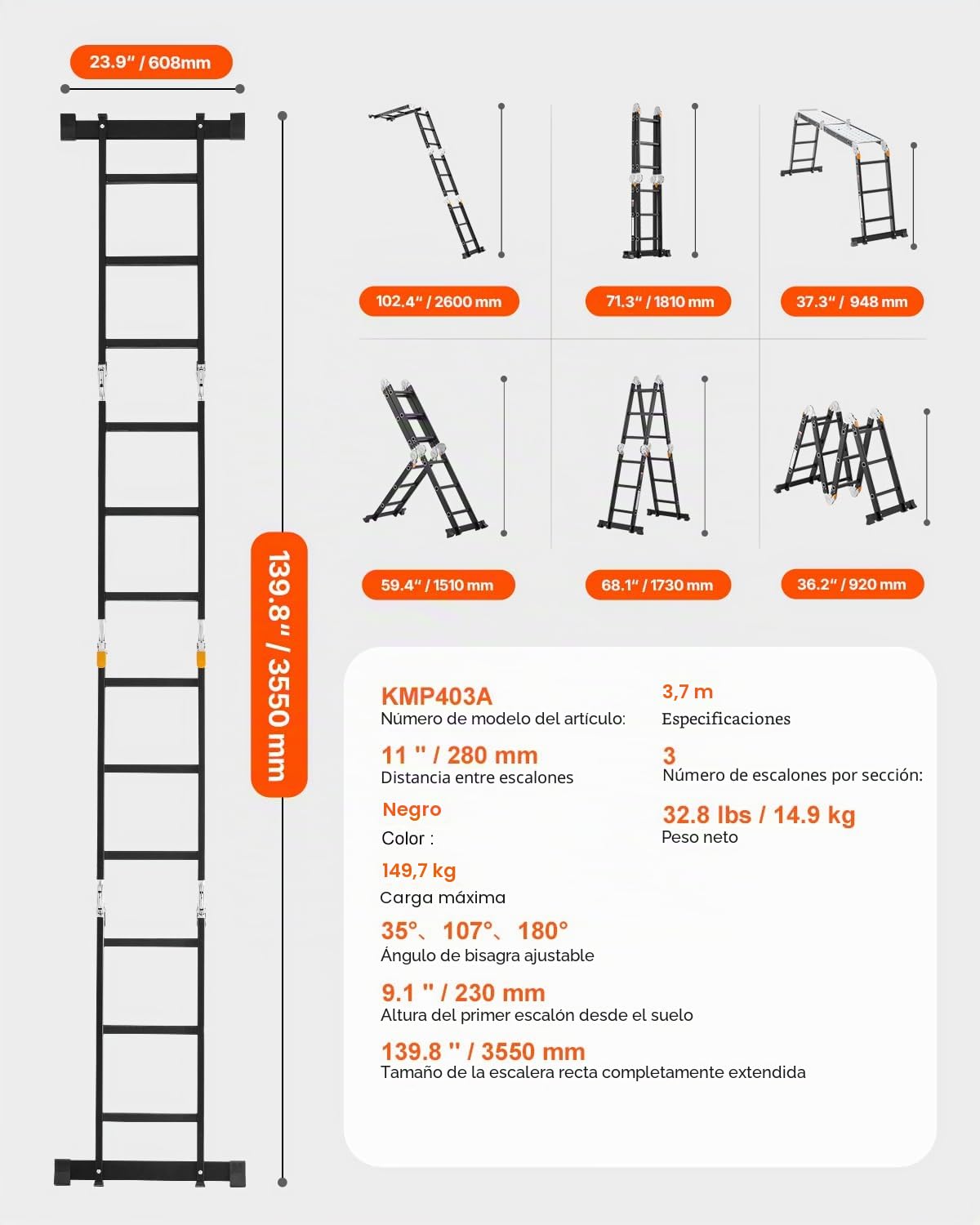 VEVOR Escalera Plegable Multiusos, Escalera Extensible Alta 7 en 1, Estructura en A de 3 Escalones con Tablones de Andamio, Capacidad de 149,7 kg para el Hogar y el Exterior, 1170 x 608 x 1730 mm