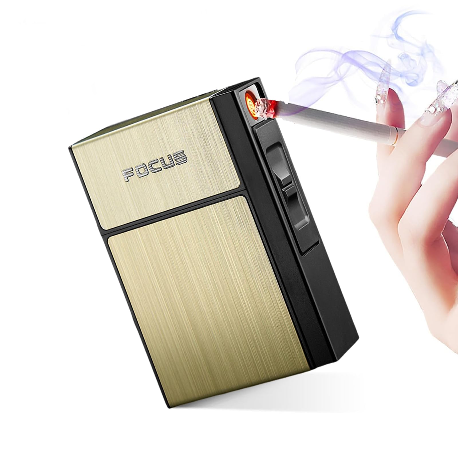 Cigarette Case- with USB Rechargeable Flameless Lighter - Holds 20 Regular Cigarettes, Windproof, Moisture-Proof, Smell-Proof, Compact Design - Ideal Gift for Men and Women Smokers (Gold)