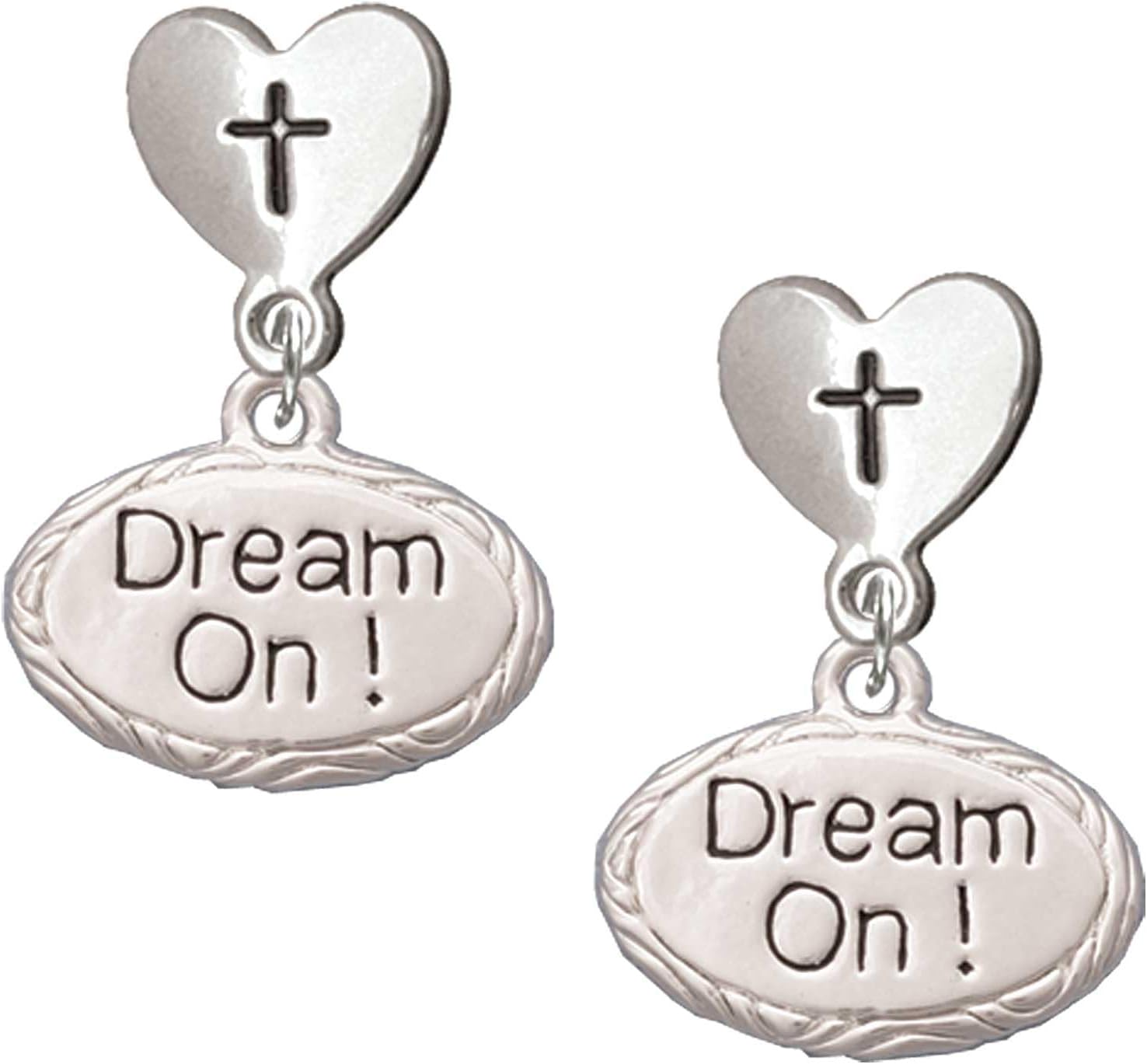 Delight Jewelry Silvertone Dream On Oval Cross in Heart Post Dangle Earrings