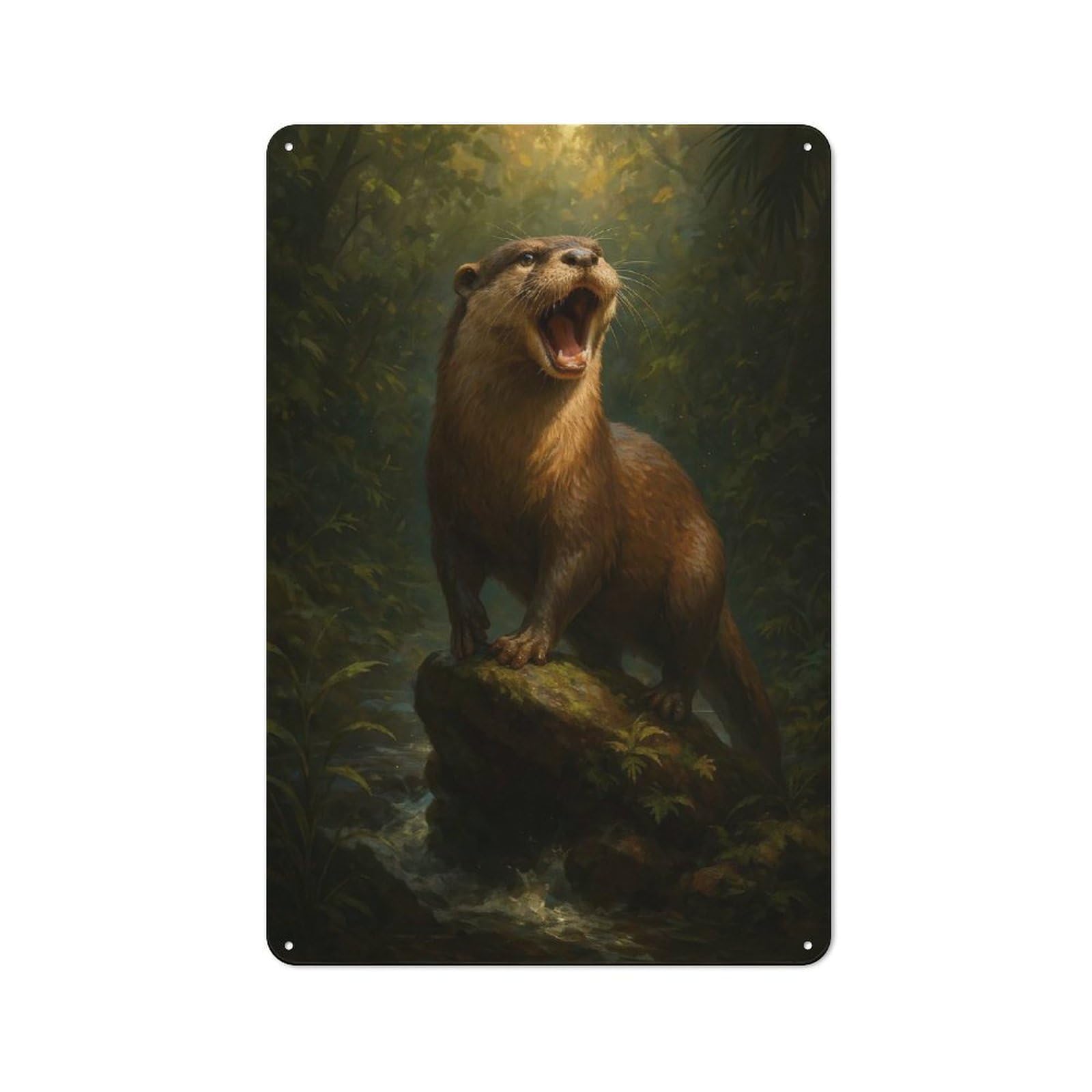 Otter on Rock in Forest Cottage Style Metal Wall Decor 30x20cm, Decorative Tin Sign for Cottage, Kitchen, Hallway Or Breakfast Nook