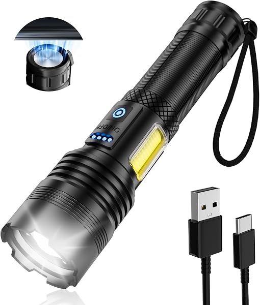 懐中電灯 ledライト 懐中電灯 強力 【XHP160LED & マグネット付き】 フラッシュライト 大容量8000mAh Type-C 充電式 ズーム調整 ハンディライト 軍用 最強 Flashlight 小型 IPX6防水 7照明モード アルミ合金 耐衝撃 SOSモード 防災/キャンプ/地震/停電対策 緊急用 (ブラック) - 1