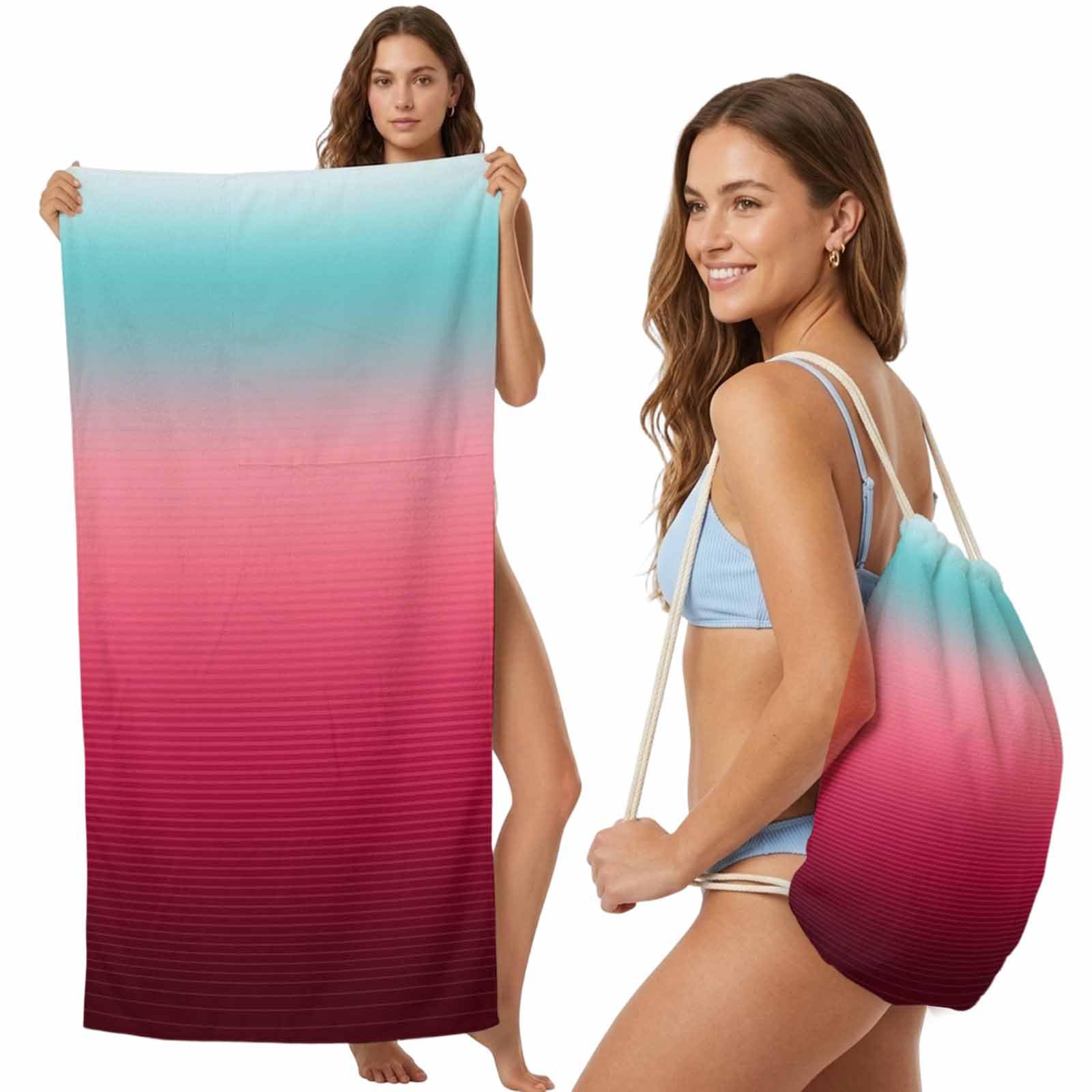 FWJZDSP Beach Towel Backpack Convertible Ombre Pink Teal Sand Free Quick Dry Towel Bag Gradient Stripes Beach Towel with Adjustable Straps for Travel Swimming Pool Beach Accessories 31.5x63in