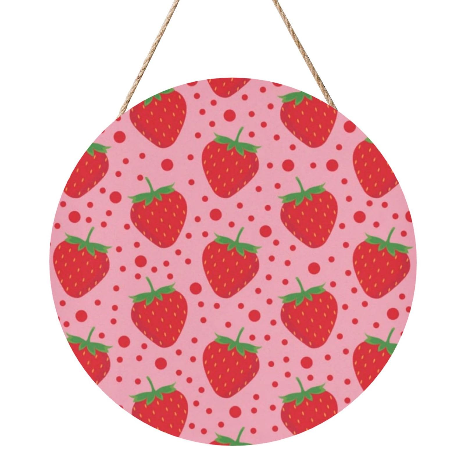 InOmak Red Strawberry And Polka Dot, Round Wood Panel Painting 12 in, Wall Hanging Painting For Home