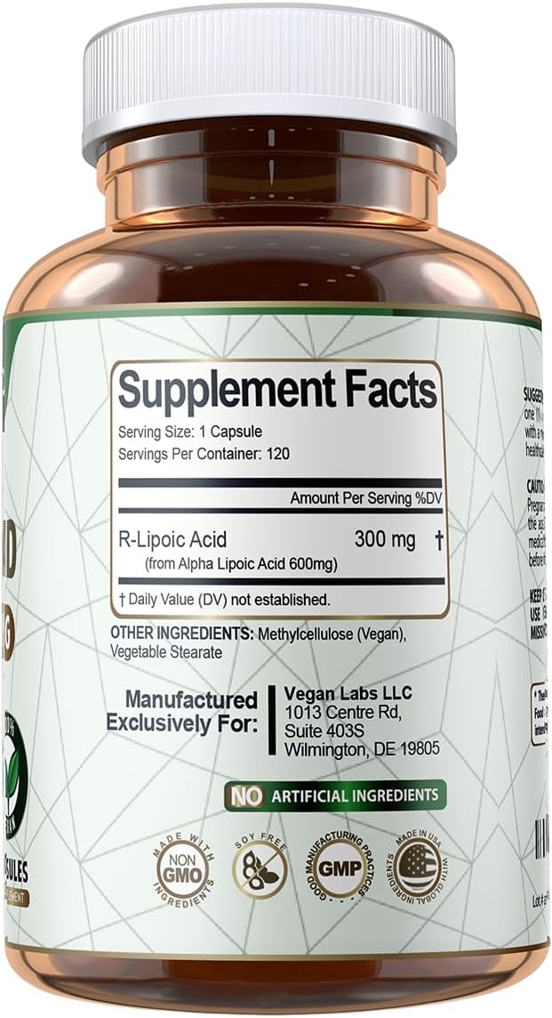 Vegan Labs R-Lipoic Acid 300MG, 120 Vegan Capsules- Supports Cellular Energy and Antioxidant Protection- Gluten Free, Non-GMO, Stabilized R-ALA Supplement- 4 Month Supply - Image 3