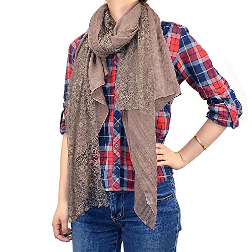70" Lace Trim Long Scarf Solid Color (Brown)