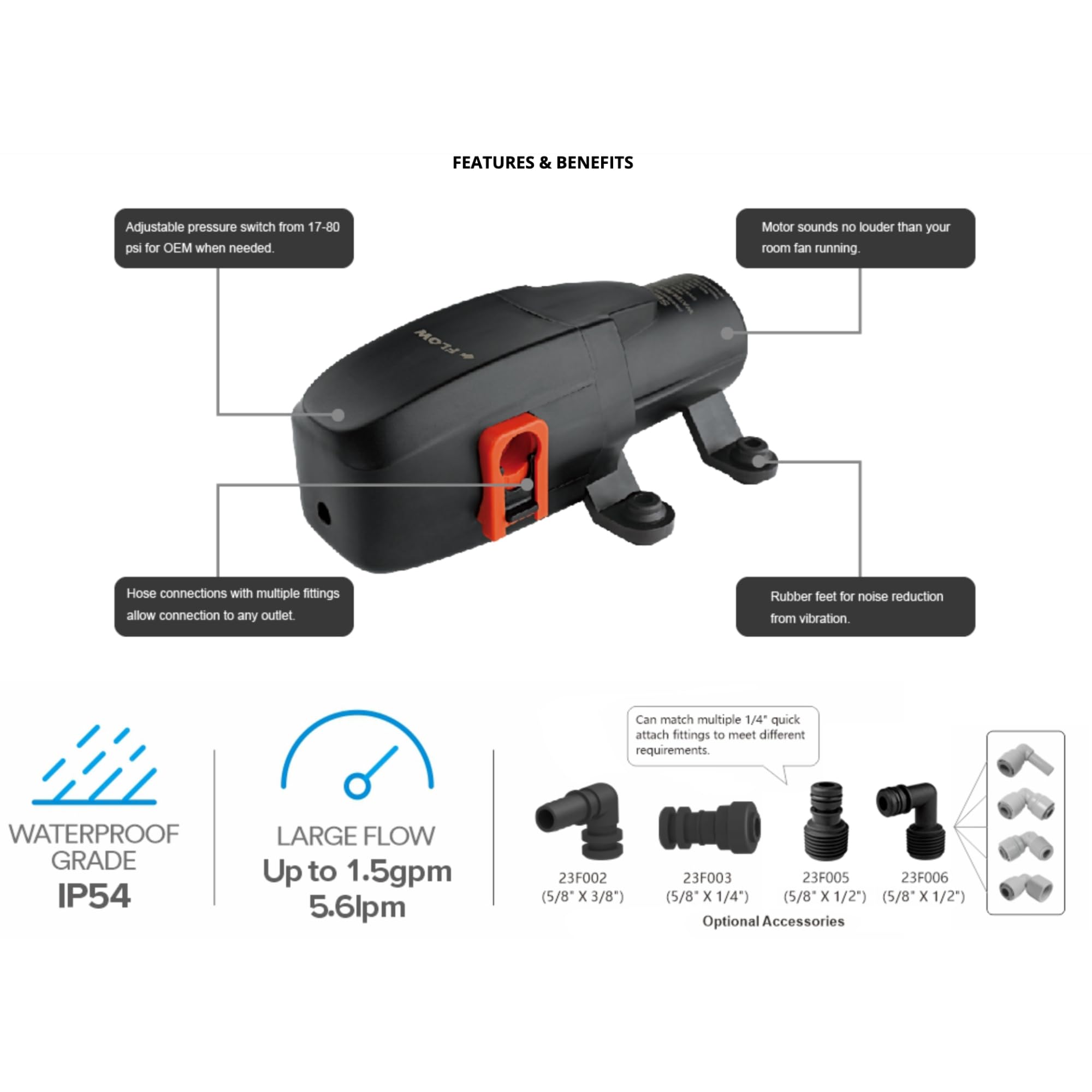 SEAFLO Bomba de diafragma de presión de agua bajo demanda serie 23A (1.2 GPM, 40 PSI, 12V)