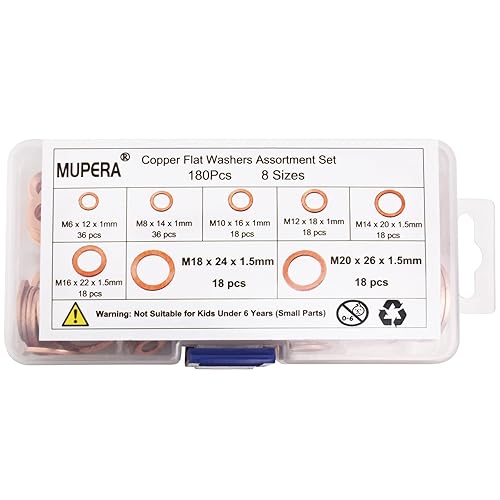 Miniatura 7 de Mupera Kit surtido de 180 arandelas de cobre, 8 tamaños mejorados (M6-M20), arandelas planas de cobre resistentes para uso doméstico e industrial