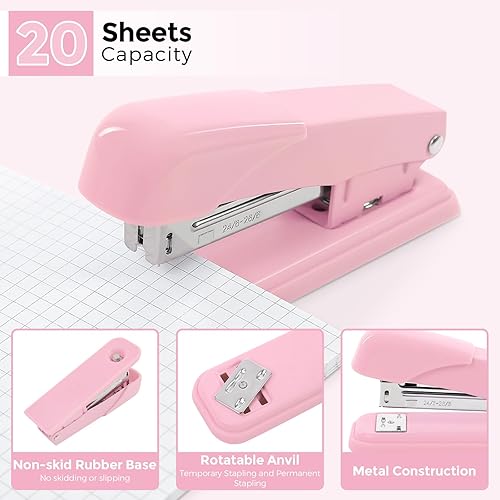 Miniatura 9 de SKYDUE 10 accesorios de escritorio rosa, soporte giratorio para bolígrafo, grapadora, removedor de grapas, dispensador de cinta, 2 recambios de