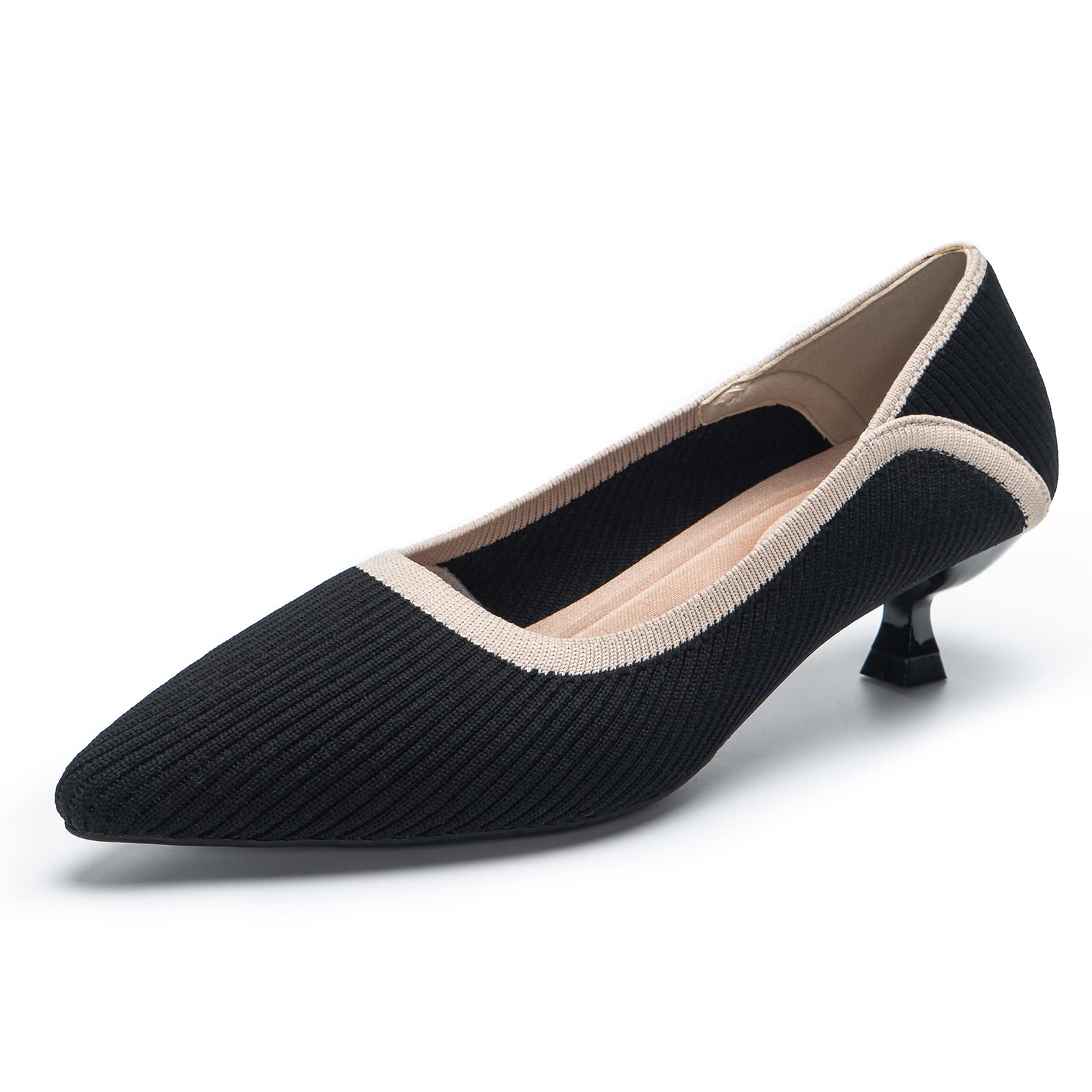 youngshow Women's Pumps Kitten Heels Pointed Toe Knit Slip On Comfortable Casual Formal Dress Shoes