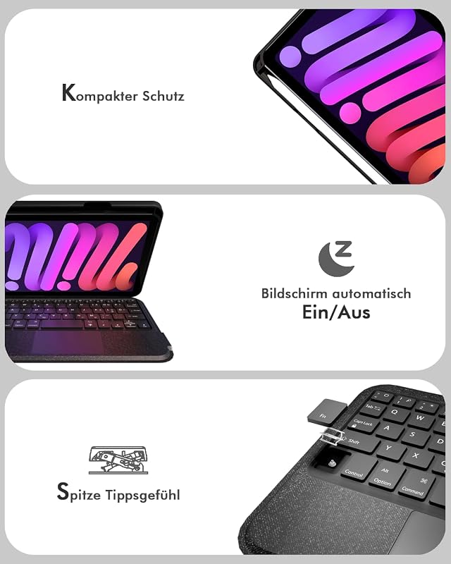 Doohoeek Leválasztható Billentyűzet Tok iPad Mini 7/6 - Bluetooth Vezetéknélküli QWERTZ Trackpad Világítás Fekete