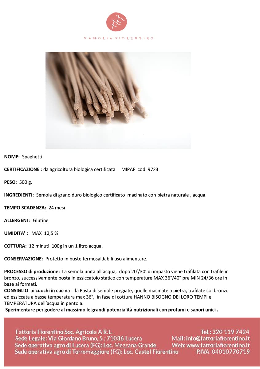 Pasta seca Spaghetti hecha a mano con sémola de trigo duro BIO, 8 x 500 g, variedad S. Cappelli, molida a la piedra, pasta italiana trefilada en bronce, secado min.48h