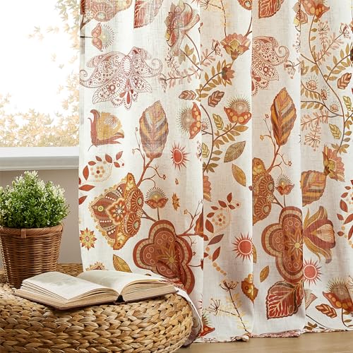 Image of XiDi Terracotta Floral Curtains 63 inch Length 2 Panels Set for Living Room Back Tab Vintage Floral Boho Farmhouse Bedroom Curtains Pretty Flower Patterned Linen Drapes 52x63
