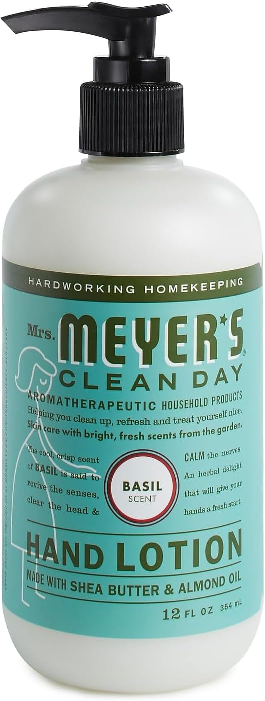 MRS. MEYER'S CLEAN DAY Hand Lotion for Dry Hands, Non-Greasy Moisturizer Made with Essential Oils, Basil, 12 oz