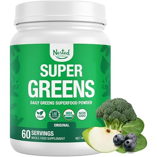 Nested Naturals Super Greens Daily Superfood Powder - Certified USDA Organic Green Powder w/20+ Whole Foods, Spirulina Powder, Wheat & Barley Grass - Probiotics, Fiber & Enzymes - Original Flavor, 60